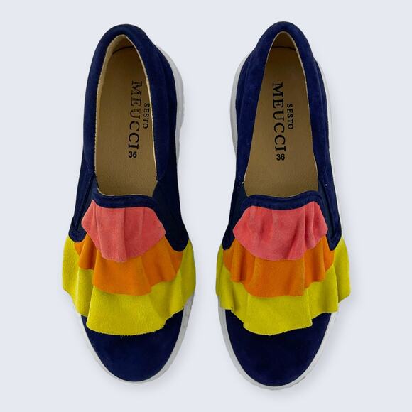 Sesto Meucci Navy Blue Multicolored Suede Tiered Ruffle Flat Loafers 6 or 36 - Picture 3 of 9
